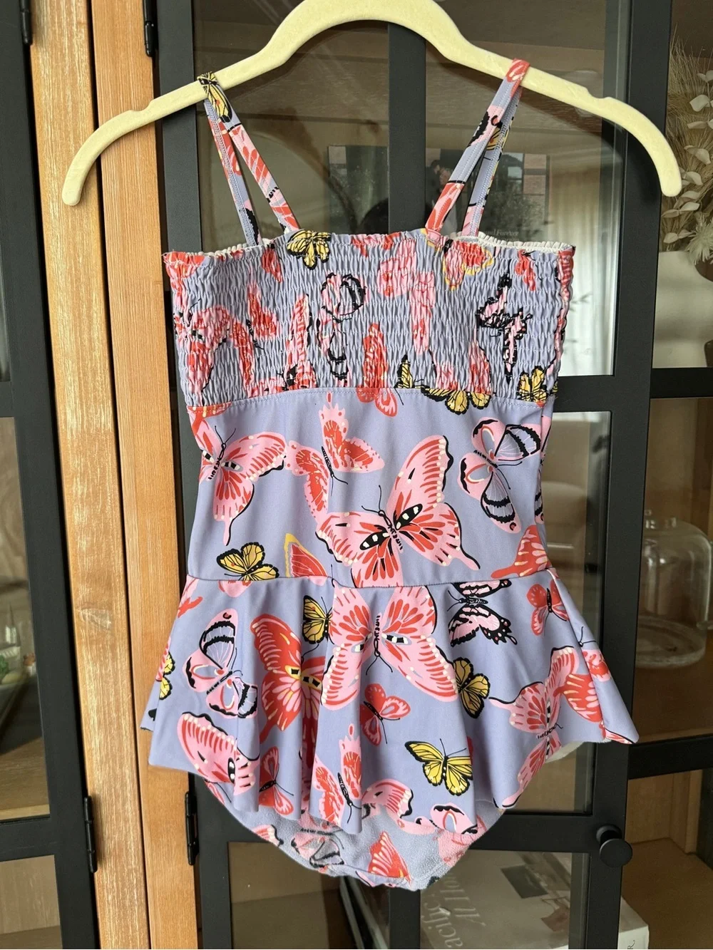 Hanna Andersson smocked one piece butterfly swimsuit print ruffle skirt lavender